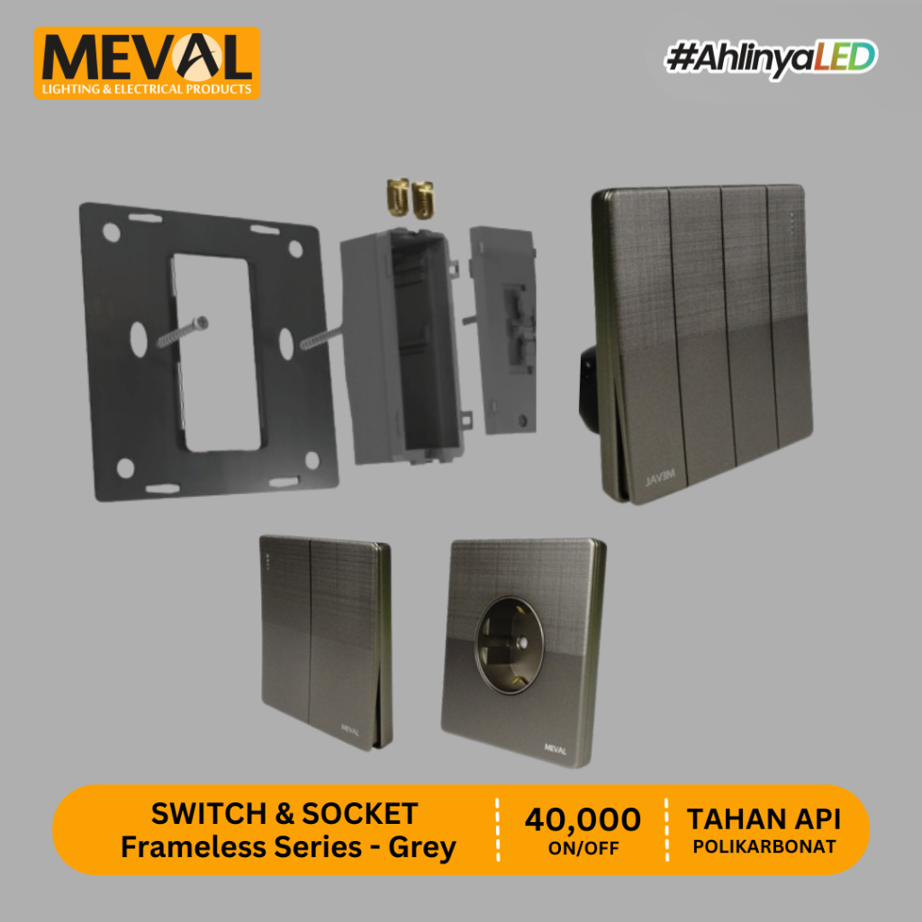 MEVAL Stop Kontak Saklar dan Soket Minimalist Frameless - Grey