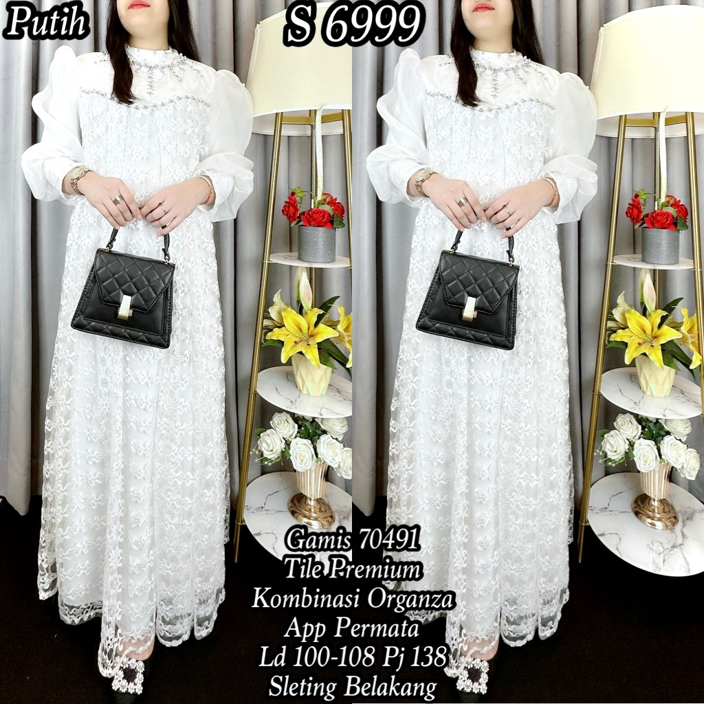 6999 #Gamis Tile Organza Mutiara Gaun Muslim A-Line 70491