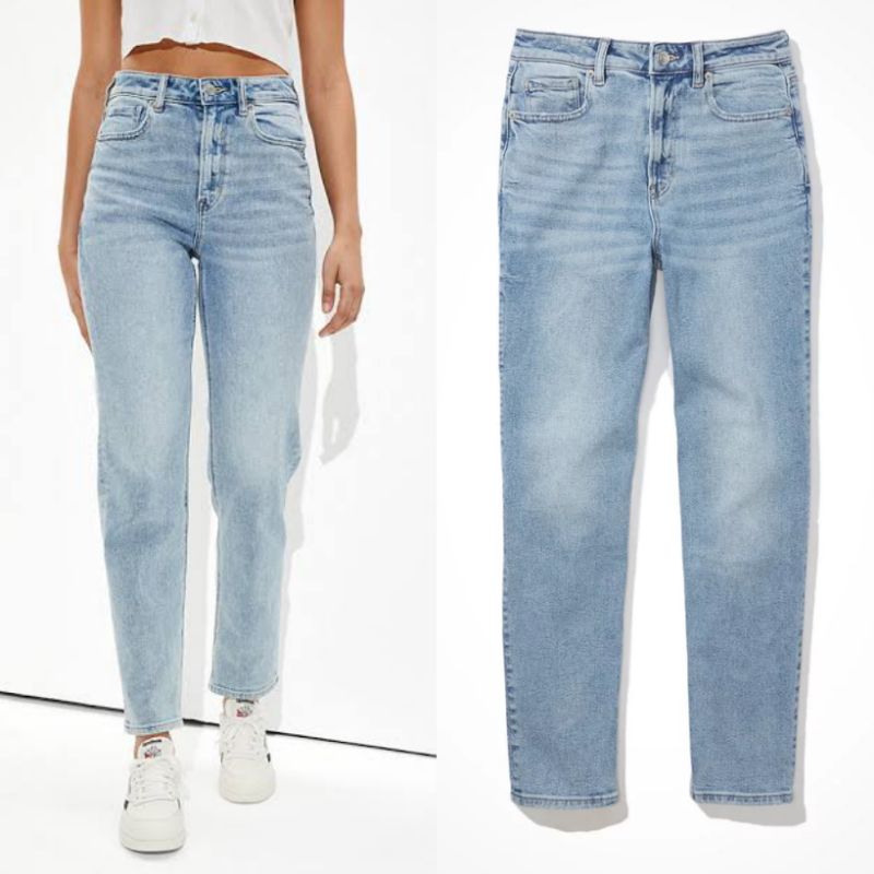 American Eagle Strech Mom Straight Jeans Light Wash / Jeans wanita AE