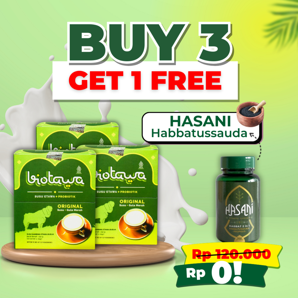 

BIOTAWA - Susu Kambing Etawa dengan Probiotik BUNDLING 3 Pack + Free 1 Botol Hasani