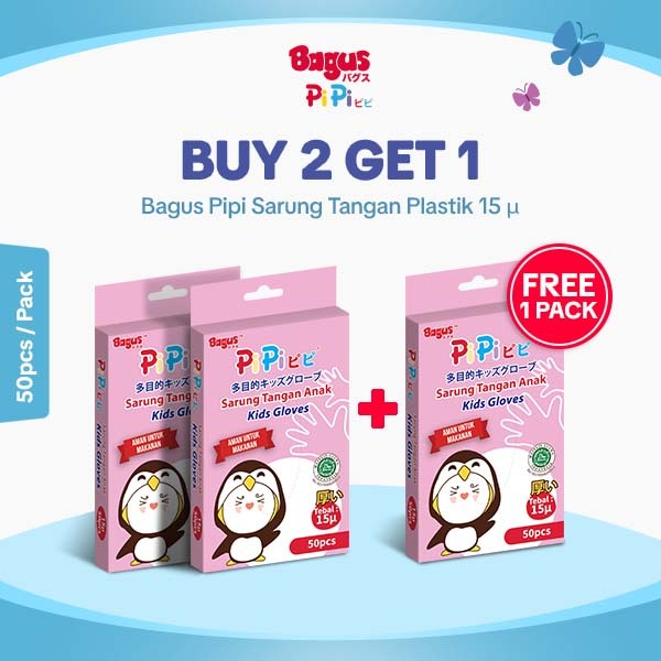 BUY 2 GET 1 FREE - Bagus PiPi Sarung Tangan Anak 15 µ 50 Pcs/Pack Food Grade, 100% HDPE BPA Free