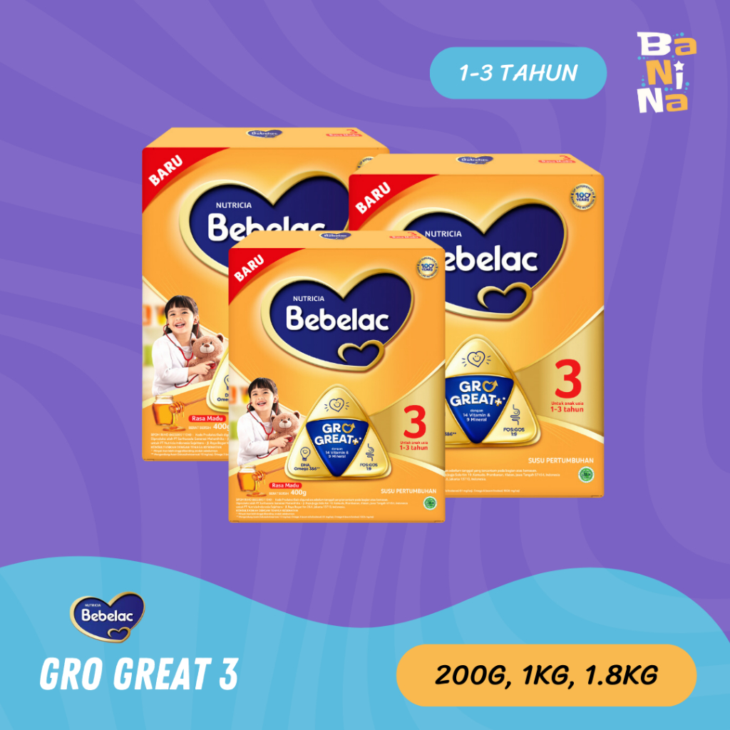 

Bebelac 3 Rasa Vanila 1kg, 1.8kg Susu Formula Bayi 1-3 Tahun