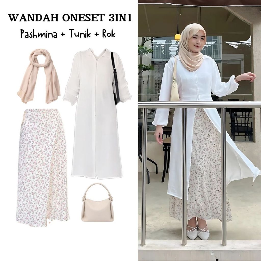 One set 3in1 outer outwear tunik putih panjang rok floral motif bunga pashmina ceruty | ootd outfit 