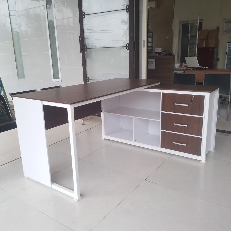 Meja Kerja L Uk 75x160 , 40x140cm Tinggi 80cm /3 laci/3 Rak/Modern/Multifungsi/Minimalis