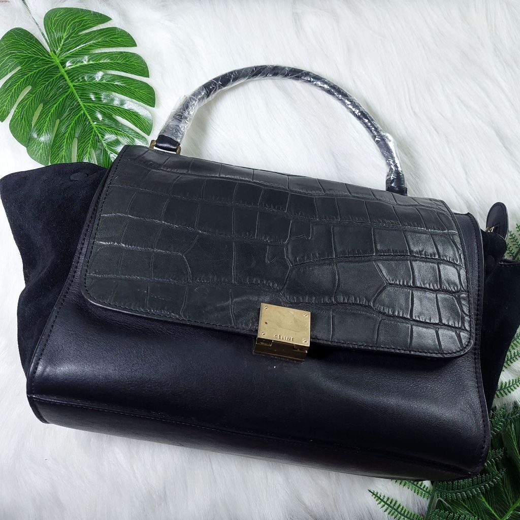 celine trapeze croco embose black shoulder bag preloved