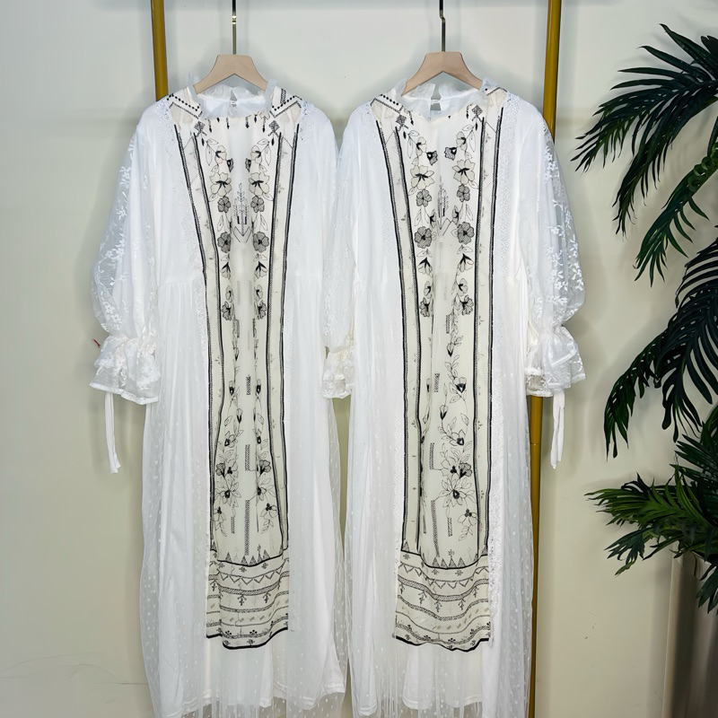 gamis tile brukat putih, gamis brukat kekinian