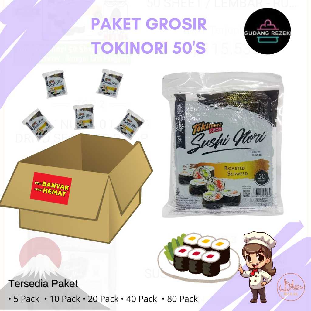 

PAKET HEMAT 20 PACK SUSHI NORI 50 LEMBAR / TOKINORI DAN ICHINORI & ICHI NORI SUSHI NORI - SUSHI NORI LOKAL KUALITAS GRADE A