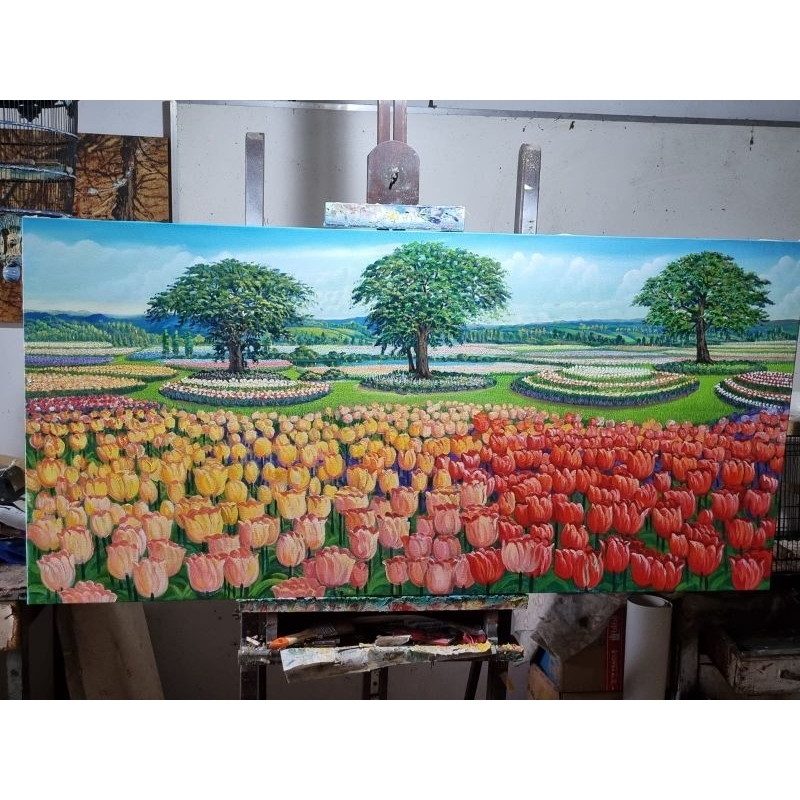 LUKISAN CAT MINYAK BUNGA TULIP BESAR PAJANGAN DINDING