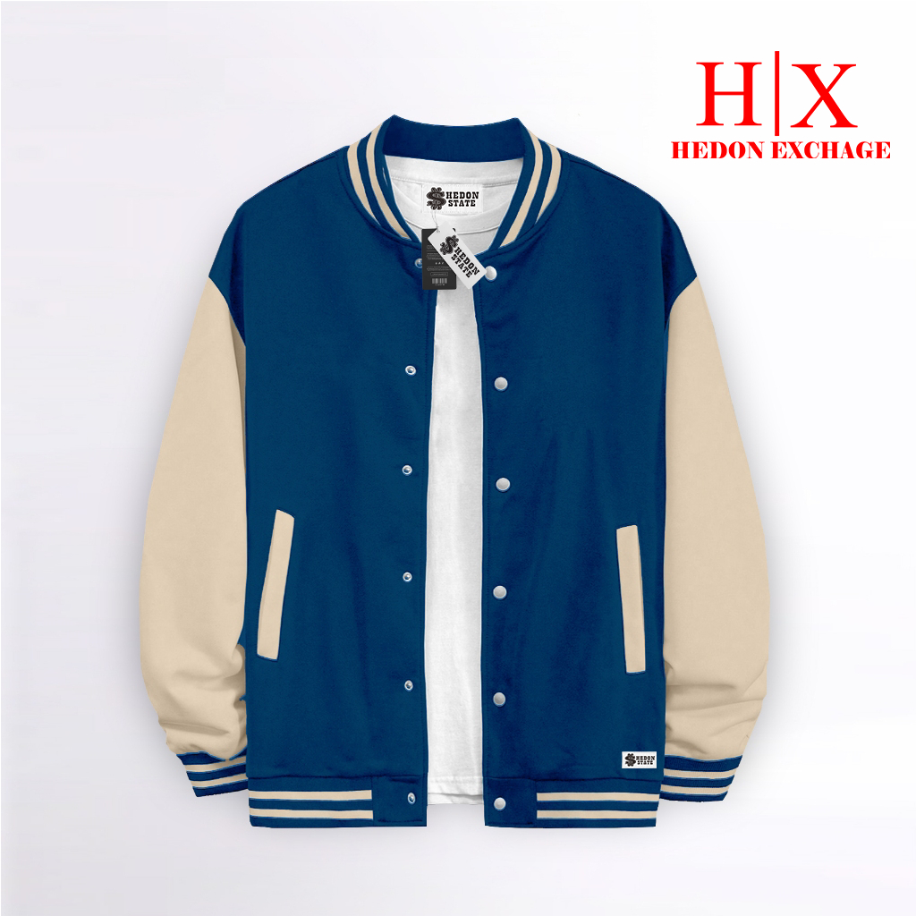New Hedon State Jacket Varsity Baseball Kancing Polos Hitam Putih Pria Wanita Unisex Kekinian