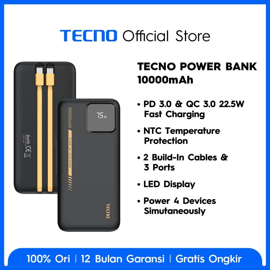 TECNO Power Bank 10000 mAh, PD 3.0 & QC 3.0 22.5W Fast Charging, NTC Temperature Protection, 2 Build-In Cables & 3 Ports, LED Display-TPB-P103Q - Gambar 2