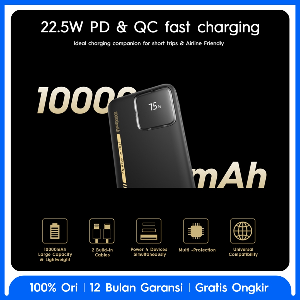 TECNO Power Bank 10000 mAh, PD 3.0 & QC 3.0 22.5W Fast Charging, NTC Temperature Protection, 2 Build-In Cables & 3 Ports, LED Display-TPB-P103Q - Gambar 3