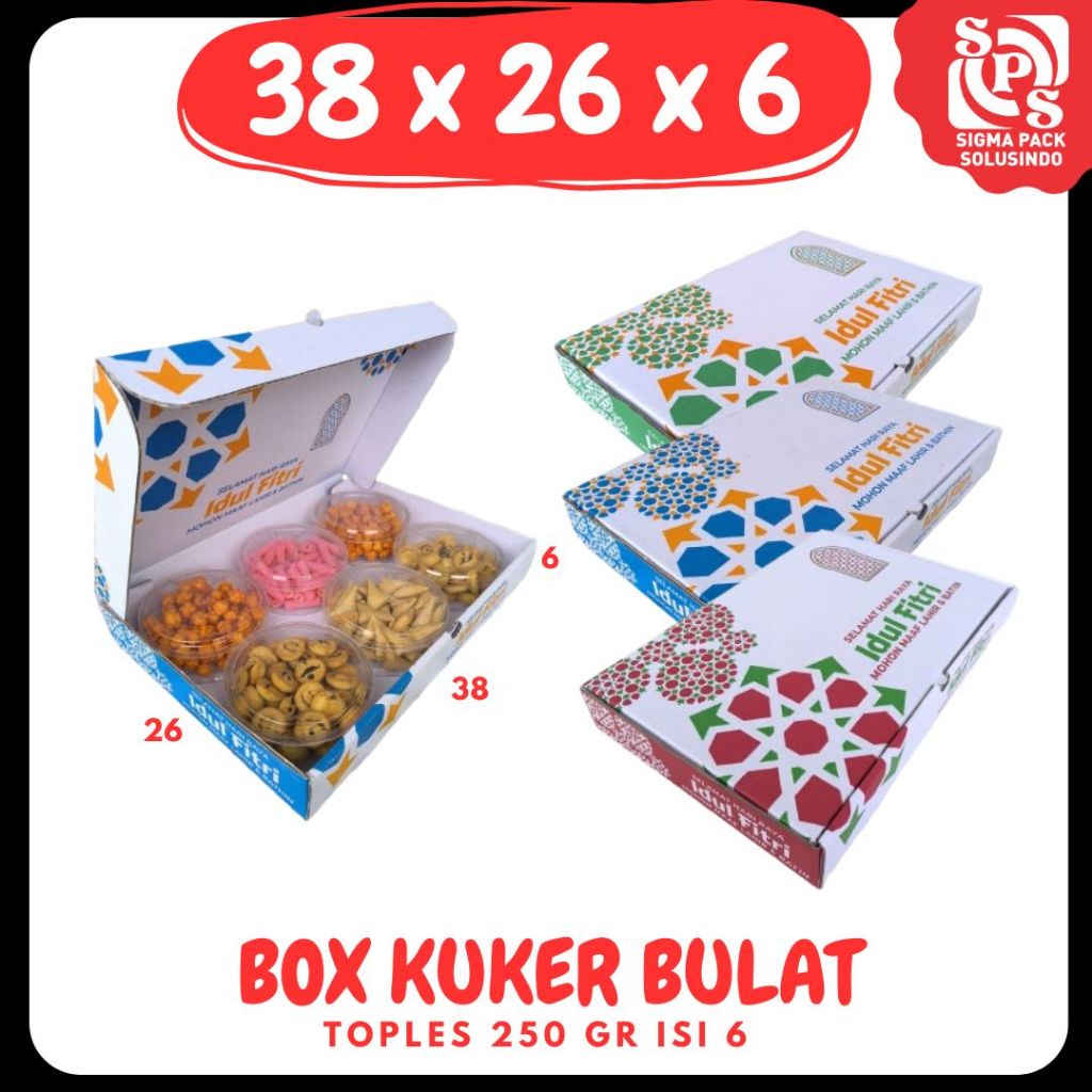 

Box Kuker 38x26x6 LD Kue Kering Toples 250 gr isi 6 Toples Box Ied Mubarok Dus Idul Fitri Lebaran Packing Kotak Kemasan Polos/Motif