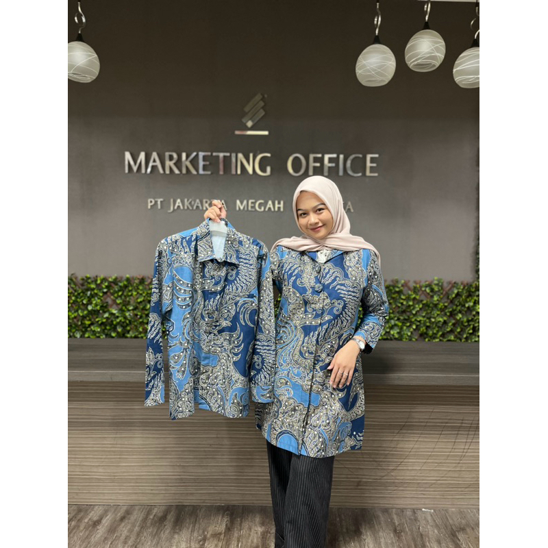 Blus Batik Warna Biru dan Hijau bahan katun solo premium full lapisan trycod ready untuk seragaman