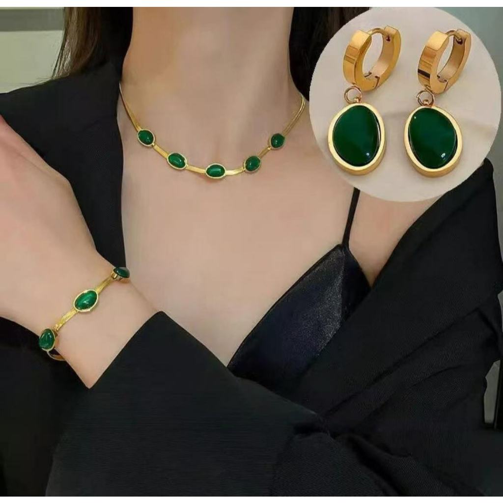 Grand Pretty Gelang Zamrud Set batu Alam Hijau Lapis Emas 18K Wanita Titanium Anti karat