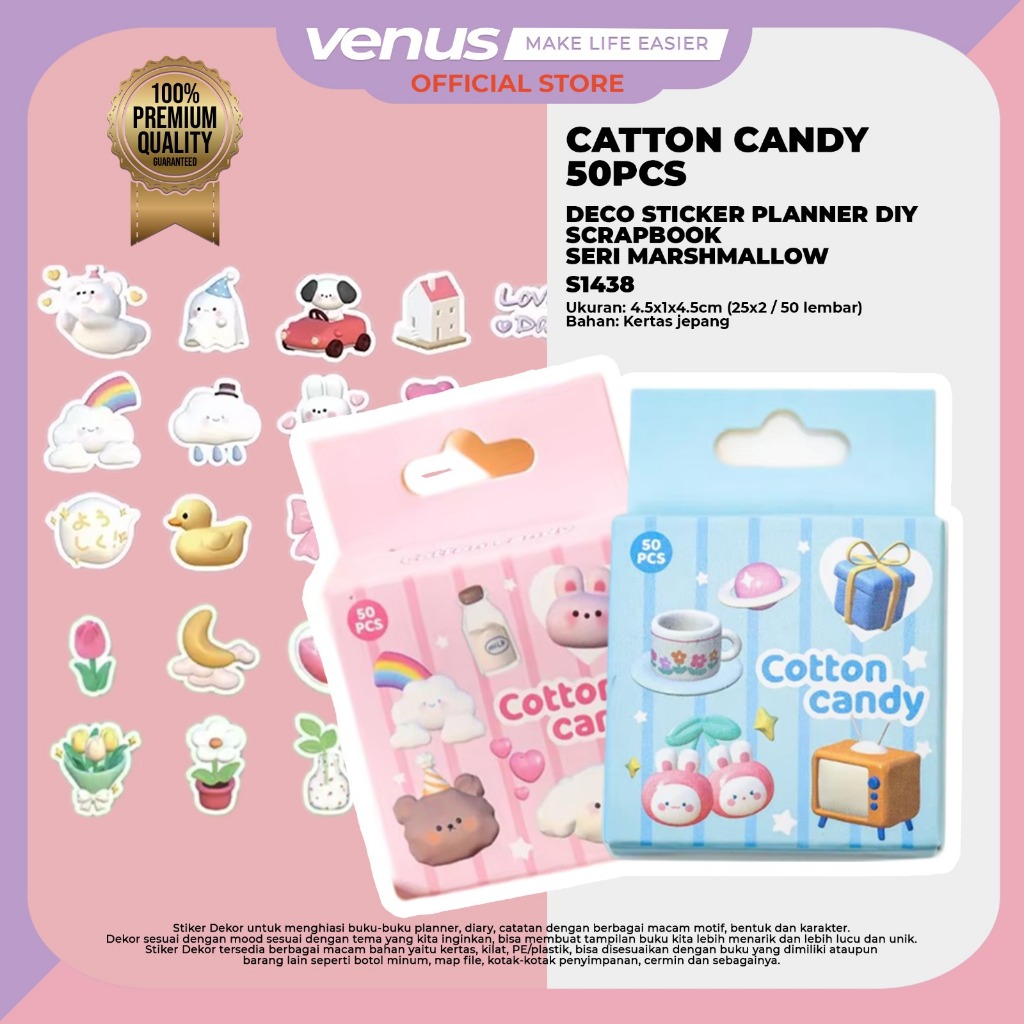 

VENUSJKT – CATTON CANDY Sticker Lucu Aesthetic Isi 50PCS Box Stiker Scrapbook Kartun Marshmallow Printilan DIY Buku Sticker S1438