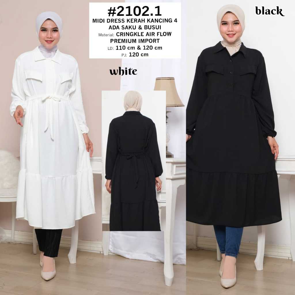 [ DENOVASTYLE ] MIDI DRESS TERBARU POLOS SERI HITAM PUTIH KERAH KEMEJA KANCING 4 ADA SAKU