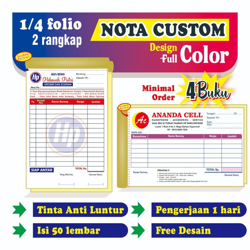 

Nota Kontan Custom full color Gratis desain ukuran 1/4 folio 2 rangkap