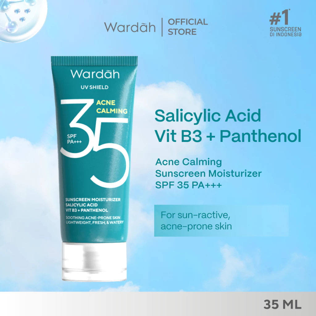 Wardah UV Shield Acne Calming Sunscreen Moisturizer SPF 35 PA+++ untuk komedo, jerawat dan bekas jer