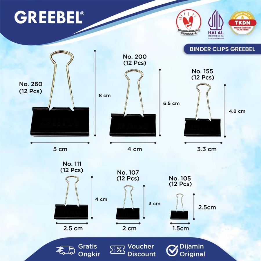 

Binder Clip Greebel No 105 107 111 155 200 260 Penjepit Klip Kertas Hitam