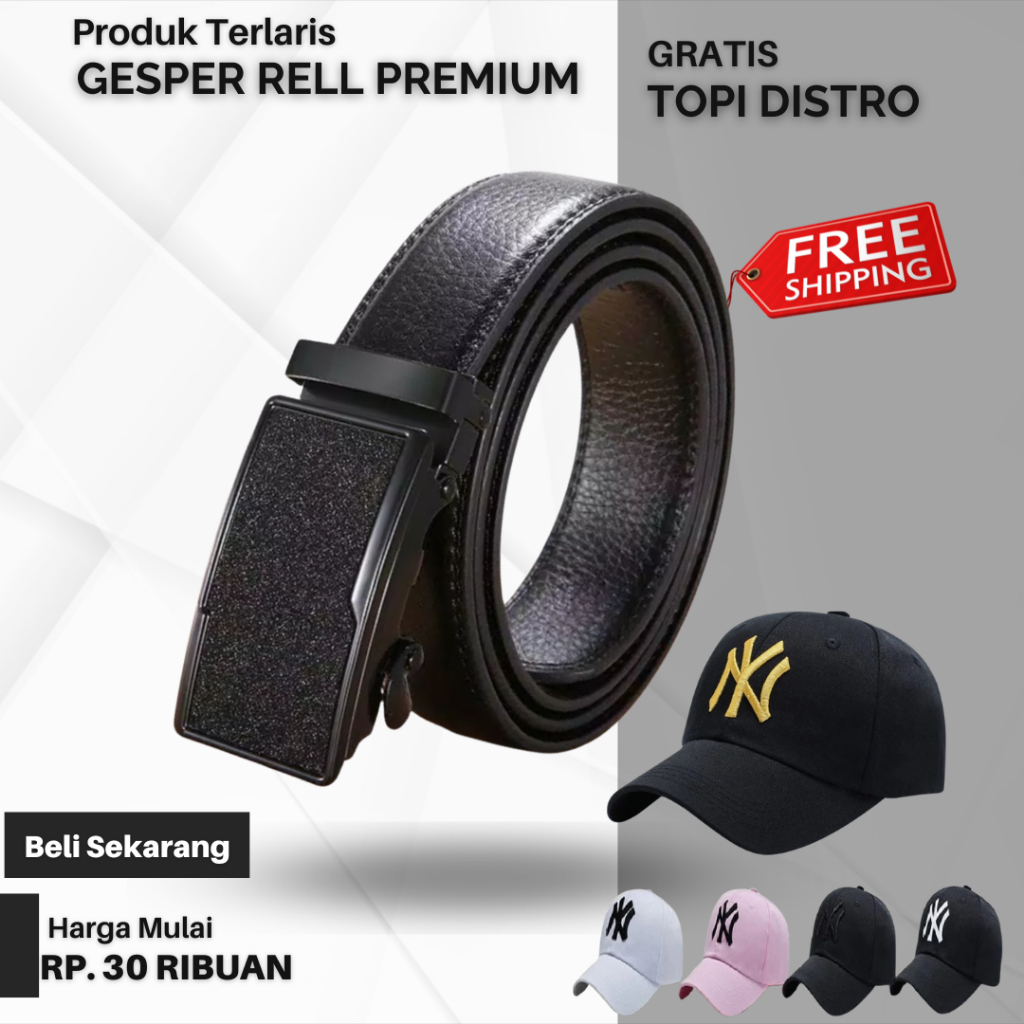 Ikat pinggang rel pria kulit FREE TOPI DISTRO Gesper rel premium pria gesper elastis
