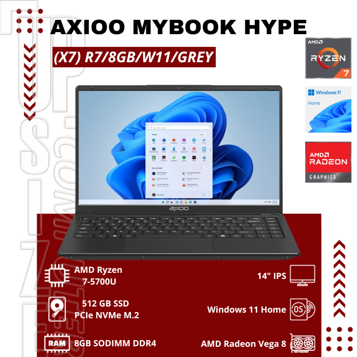 LAPTOP AXIOO HYPE 7 AMD | Ryzen 7 5700U 8GB 512GB Windows 11 Pro - Normal, Windows 11