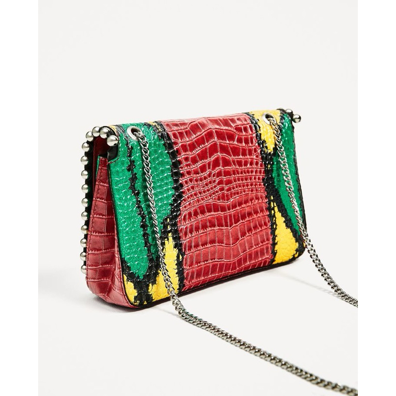 Zara Woman  multicolored croco embossed genuine leather chain sling bag