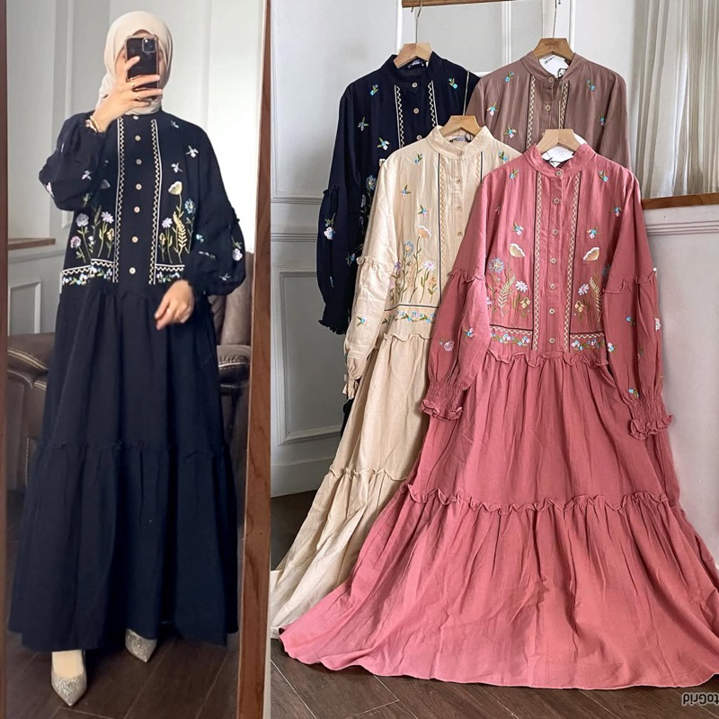 Gamis dress katun linen bordir premium