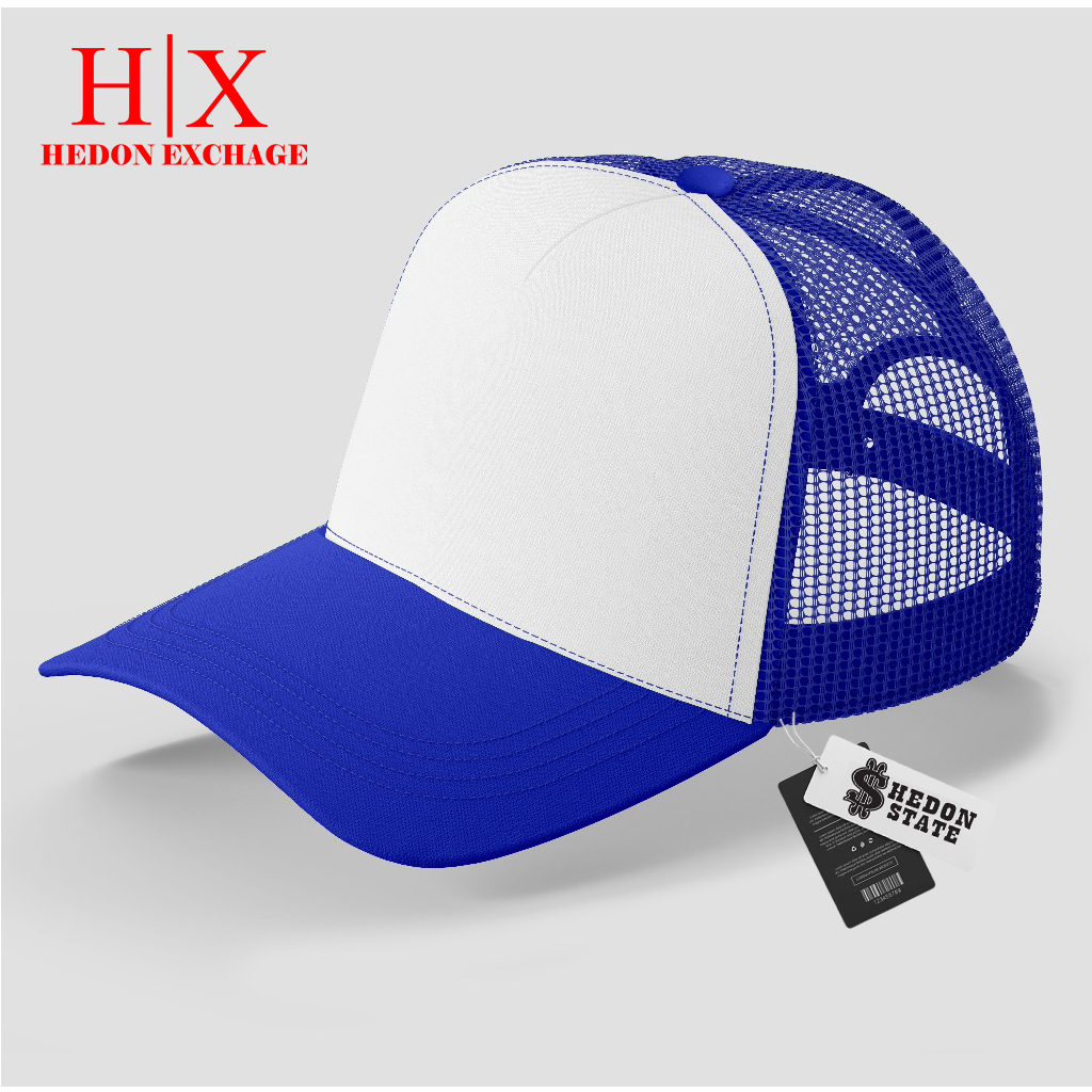 HEDON STATE Topi Trucker Jaring Polos Warna Biru Putih Casual Pria Wanita Unisex Kekinian