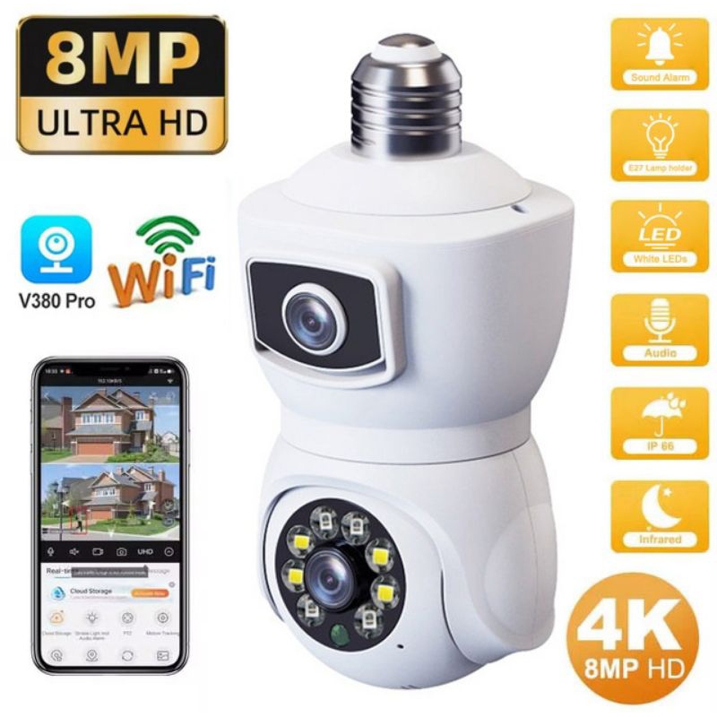 IP Kamera CCTV WIFI Bohlam IP Camera 8MP V380PRO DUAL LENSA FULL HD CCTV LAMPU