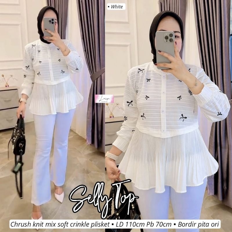 selly blouse putih lengan panjang by laiqa tunic kondangan elegan blouse korean style blouse plisket