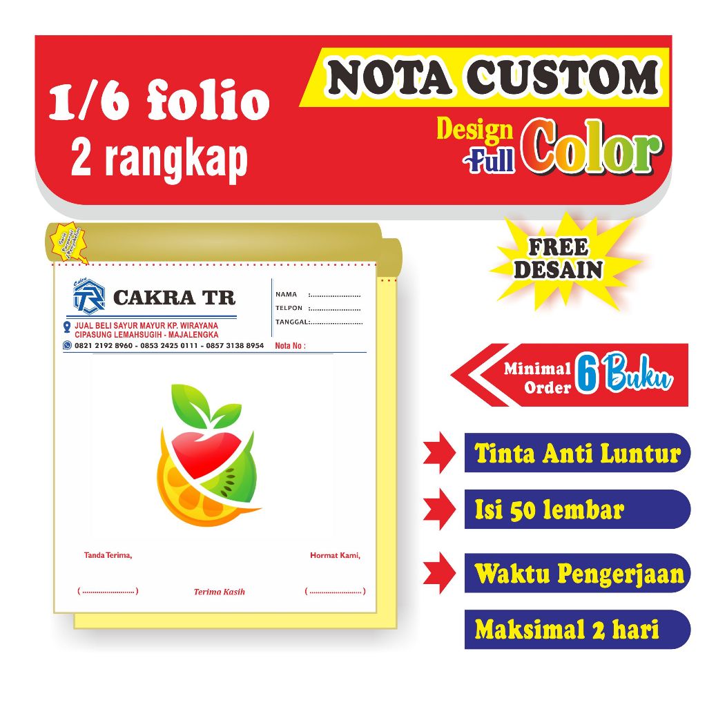 

Nota Custom Full Color 1/6 2 rangkap bisa satuan gratis desain