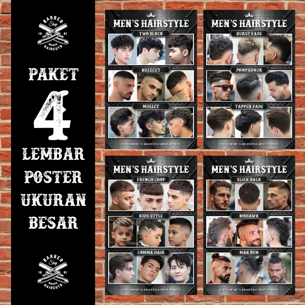 Paket 4 Pcs Poster Besar Hairstyle Catalog Barbershop / Pangkas Rambut Lengkap - 1 Pack Isi 4 Pcs Po