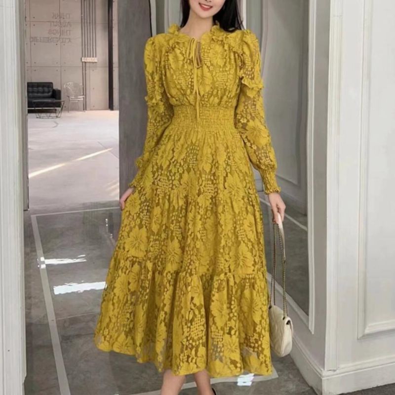 61801 Baju mididress FRANKA LACE MIDI DRESS lengan panjang pinggang karet motif bunga floral Korean 