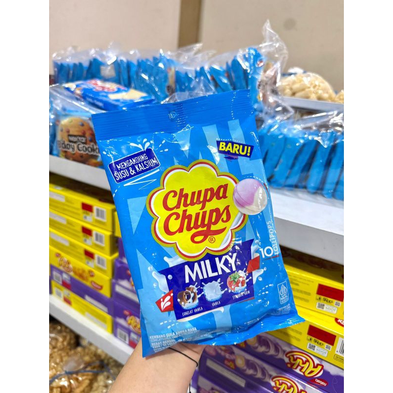 

CHUPA CHUPS MILKY PERMEN 120 GR ISI 10 LOLLIPOP