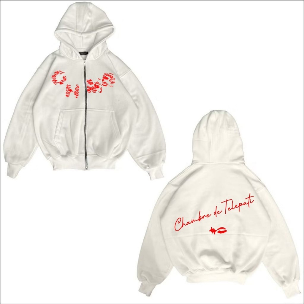 Jaket Sweater Hoodie Boxy Zipper CHMB Kiss White Original Distro / Hoodie Boxy Double Zipper CHMB Fu