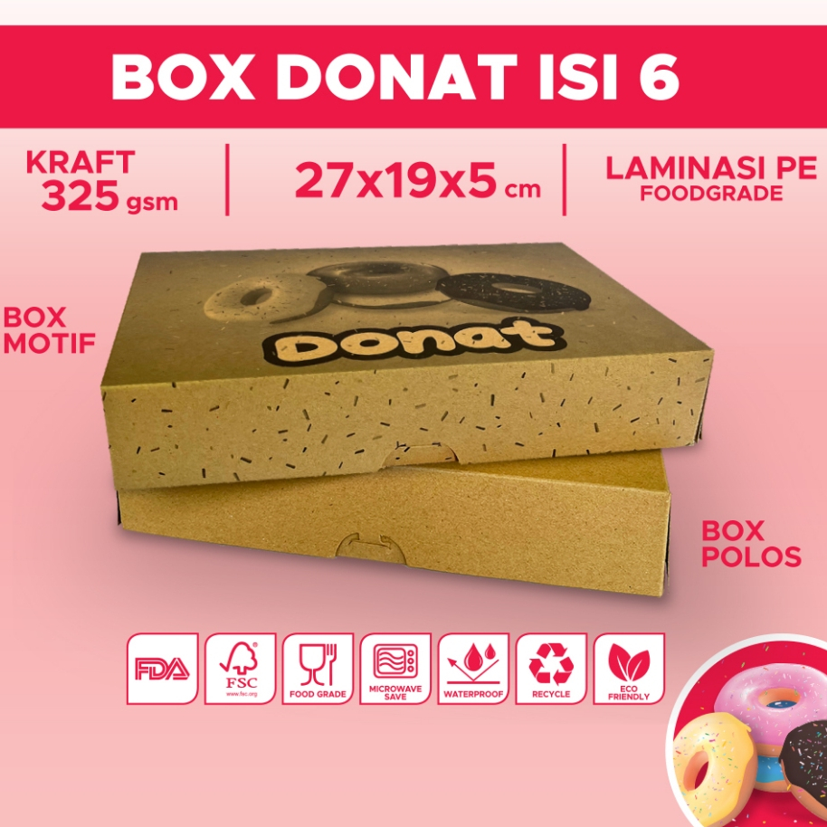 Box Donat Isi 6 Kraft 325gsm 27x19x5cm/Box Donat Isi 6 Motif/Box Donat Isi 6 polos 27x19x5/Box Donut