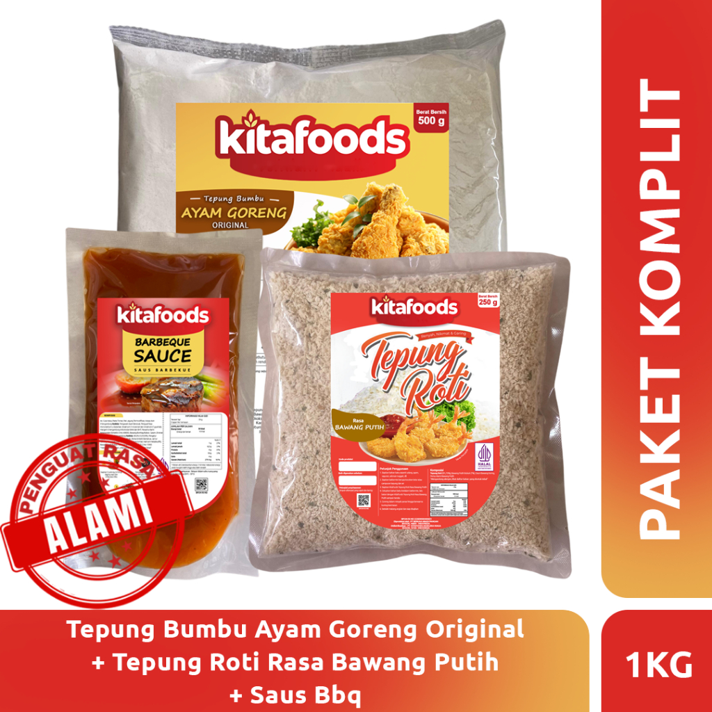 

PAKET KOMPLIT 3 ( tepung ayam goreng ori 250gr+ TR bawang Putih 250gr + BBQ sauce 250gr ) Tanpa Penguat Rasa