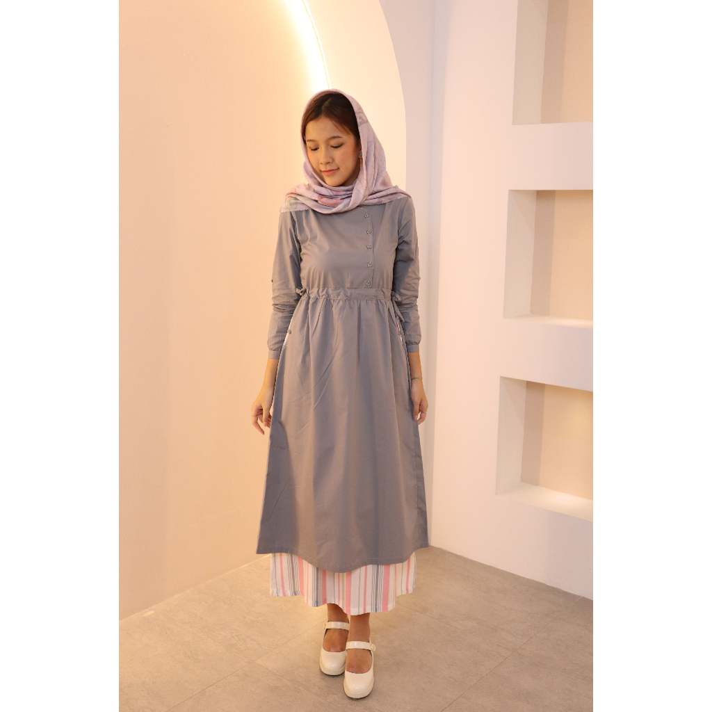 Gamis Dress Missty Wanita Warna Abu Inner Pink Putih Muda Motif Garis Salur Spesial Lebaran Best Sel
