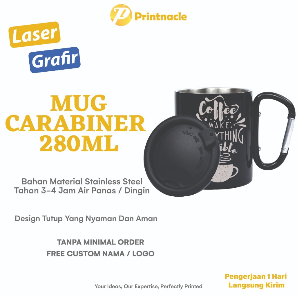 Mug Custom Design cetak Laser Grafir Cangkir Carabiner 280ml Souvenir Promosi