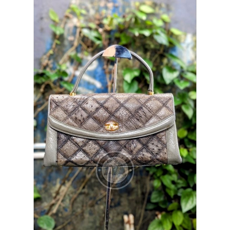 Ostrich leather patchwork top handle bag (free twilly)