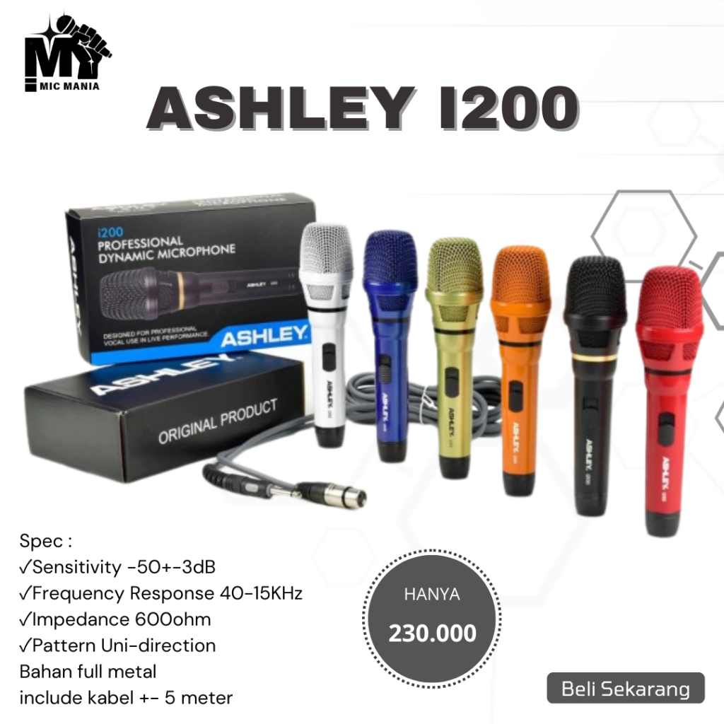 Microphone ASHLEY i-200 Mik kabel Mic Cable ASHLEY i200 Professional Mikrofon Vokal Merek ASHLEY