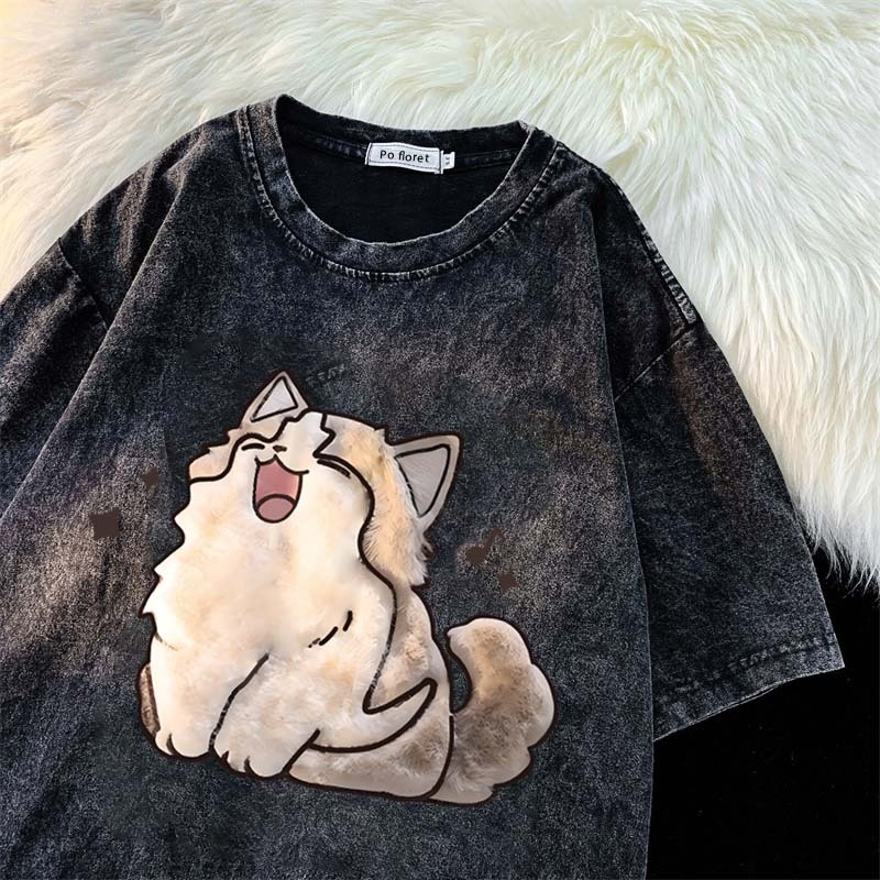 Kucing lucu yang suka bernyanyi Kaos Wanita Lengan Pendek|Baju Atasan Wanita Terbaru|Kaos Oversize W