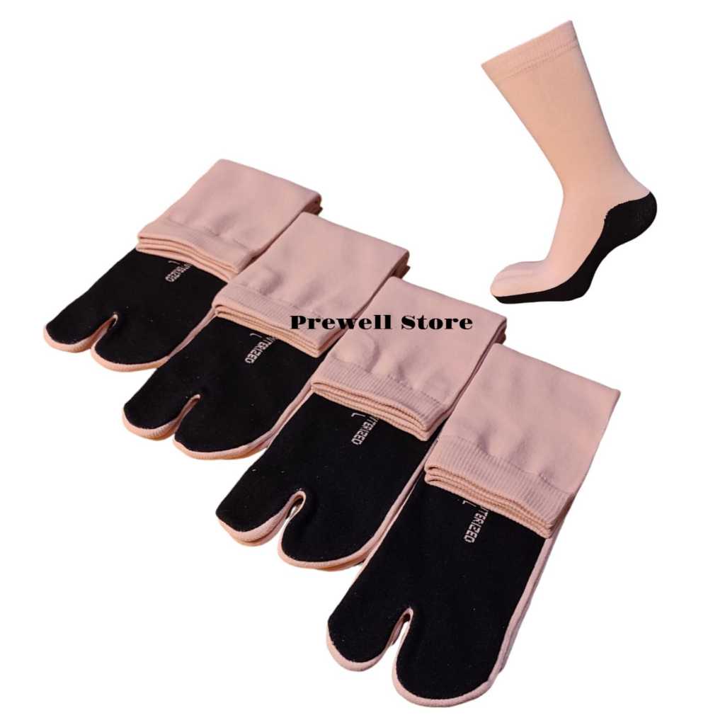 Kaos Kaki Jempol Wanita Tebal Krem Telapak Hitam Bahan Nylon / Kaos Kaki Jari Polos