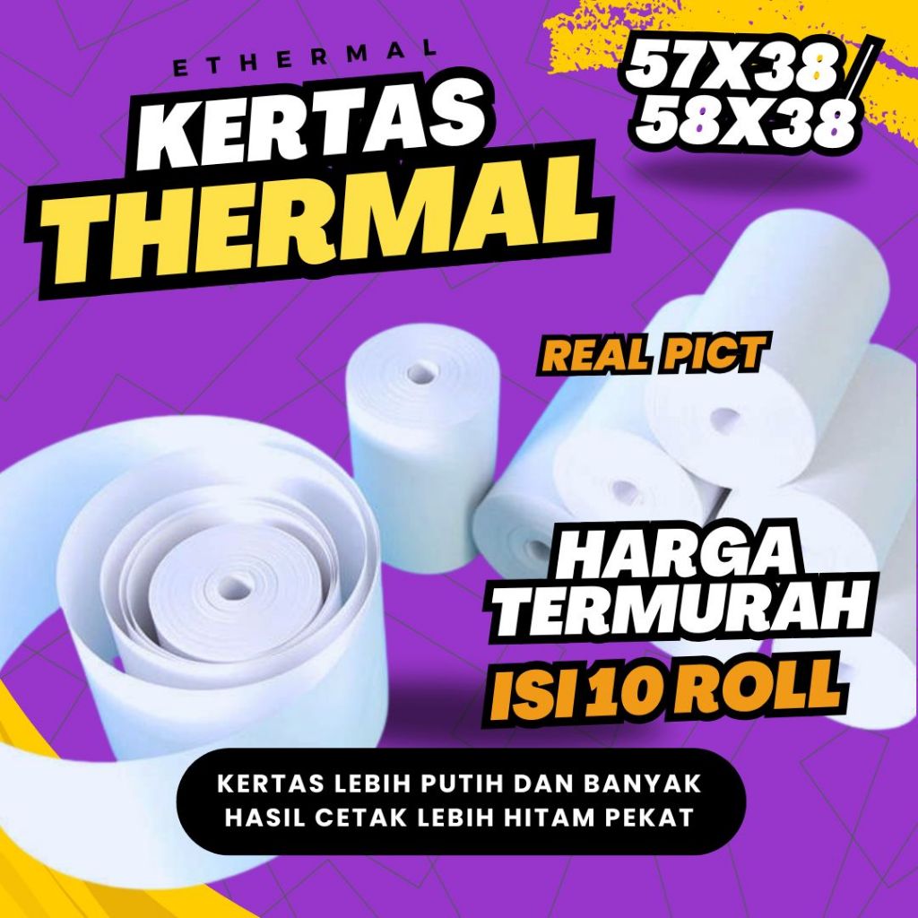 

10 Roll Kertas Struk Thermal 57x38 Coreless Kertas Kasir Termal 58x38 Printer Bluetooth Edc