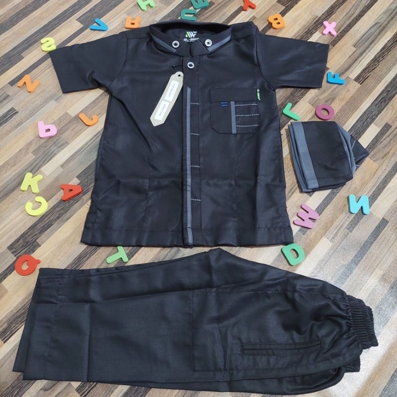 Setelan AL-WAFA HITAM anak ukuran (1-4 & 7-12) lengan PENDEK / SETELAN anak Lengan PENDEK putih AL-W