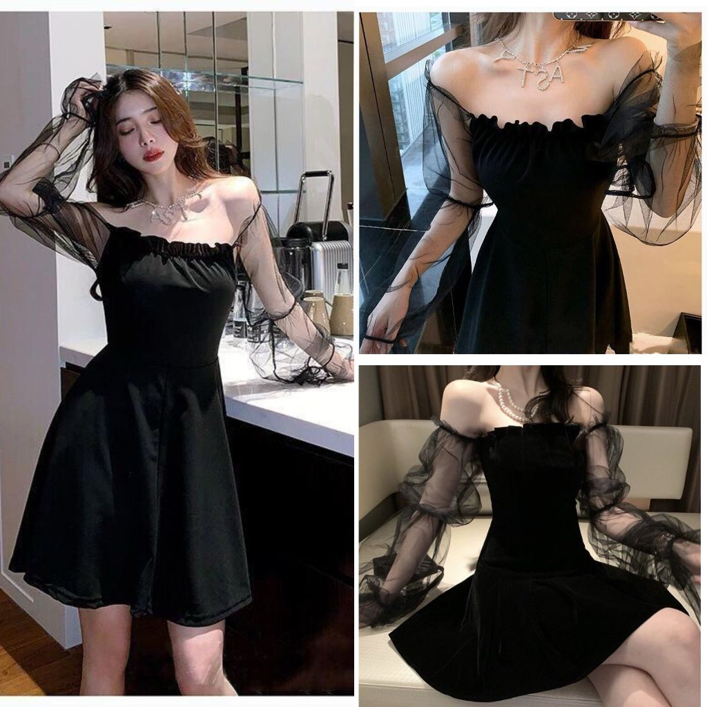 Hertha Duga baju dress lengan panjang lace korean style hitam wanita cantik mini big size formal dre