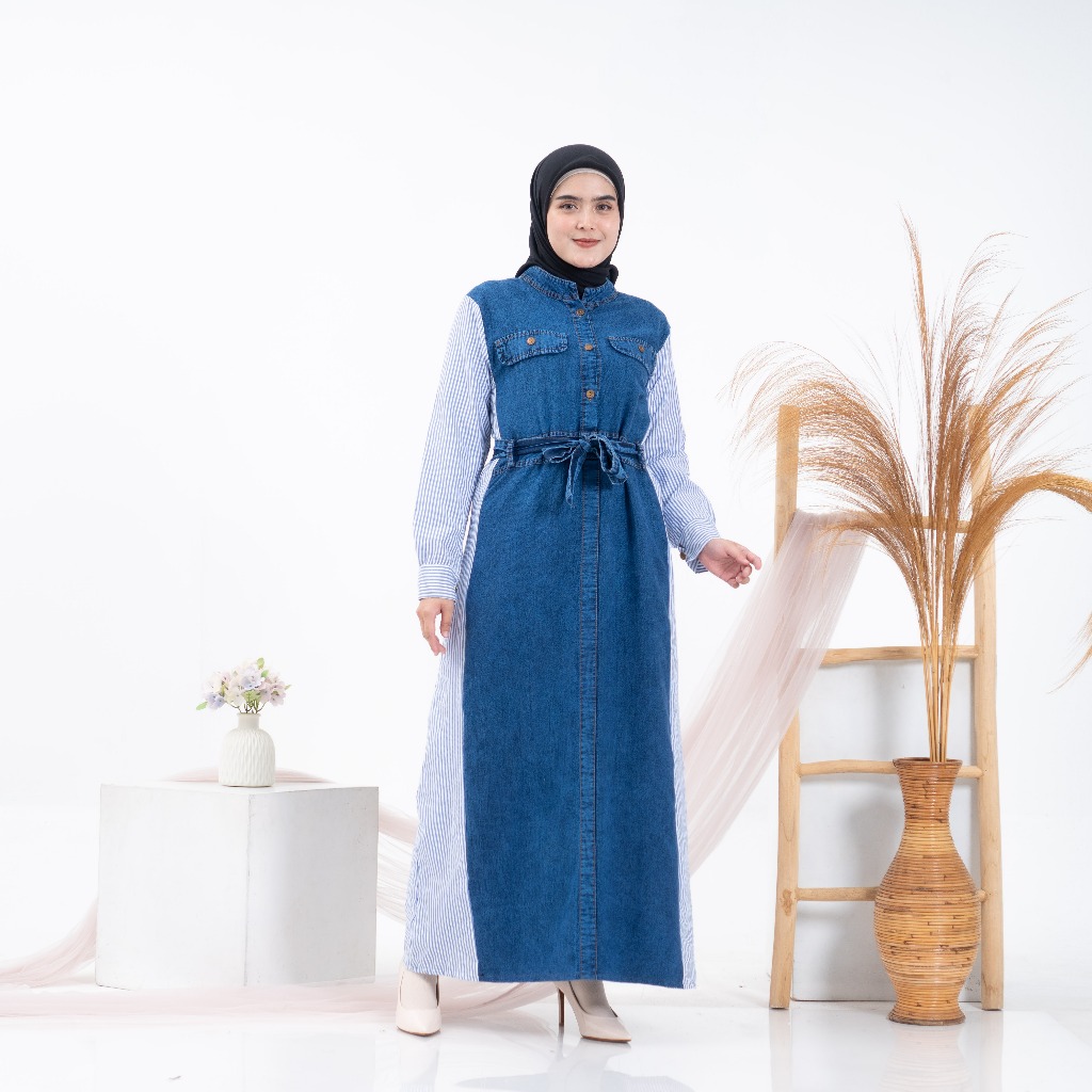 Gamis Jeans Kombinasi Katun Salur Dress Busui Pakaian Wanita Busana Muslim Gamis Lebaran 2025
