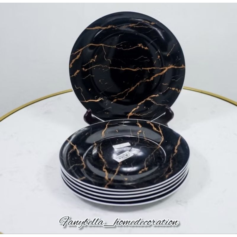 Paket Hemat Piring Makan 6 pcs Piring putih biru Marble Hitam 1 lusin Lebaran dekorasi rumah