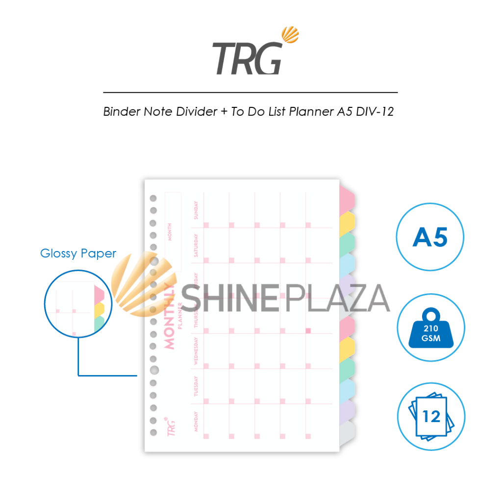 

TRG Pembatas Binder Note Loose Leaf A5 DIV-12 - Monthly Planner To Do List Divider Paper 20 Holes 12 Tab TRG