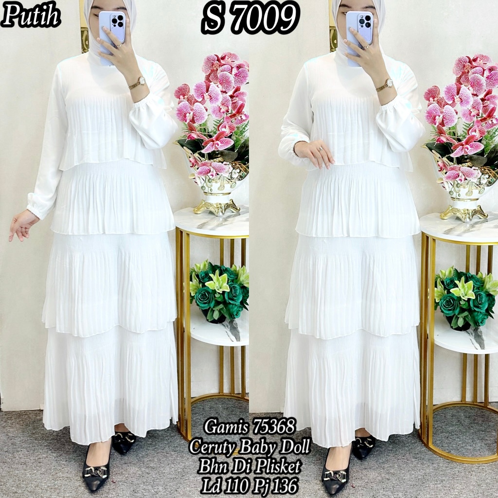 7009 #Dress Plisket Ceruty Rempel Gaun Muslim Polos Putih Wanita 75368